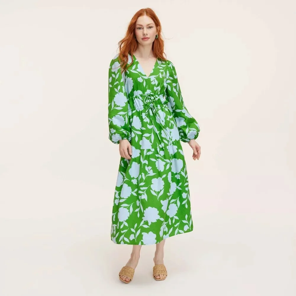 Kate Spade x Target XXS Classic Rose‎ Linen Long Sleeve Maxi Dress 2 Extra Small